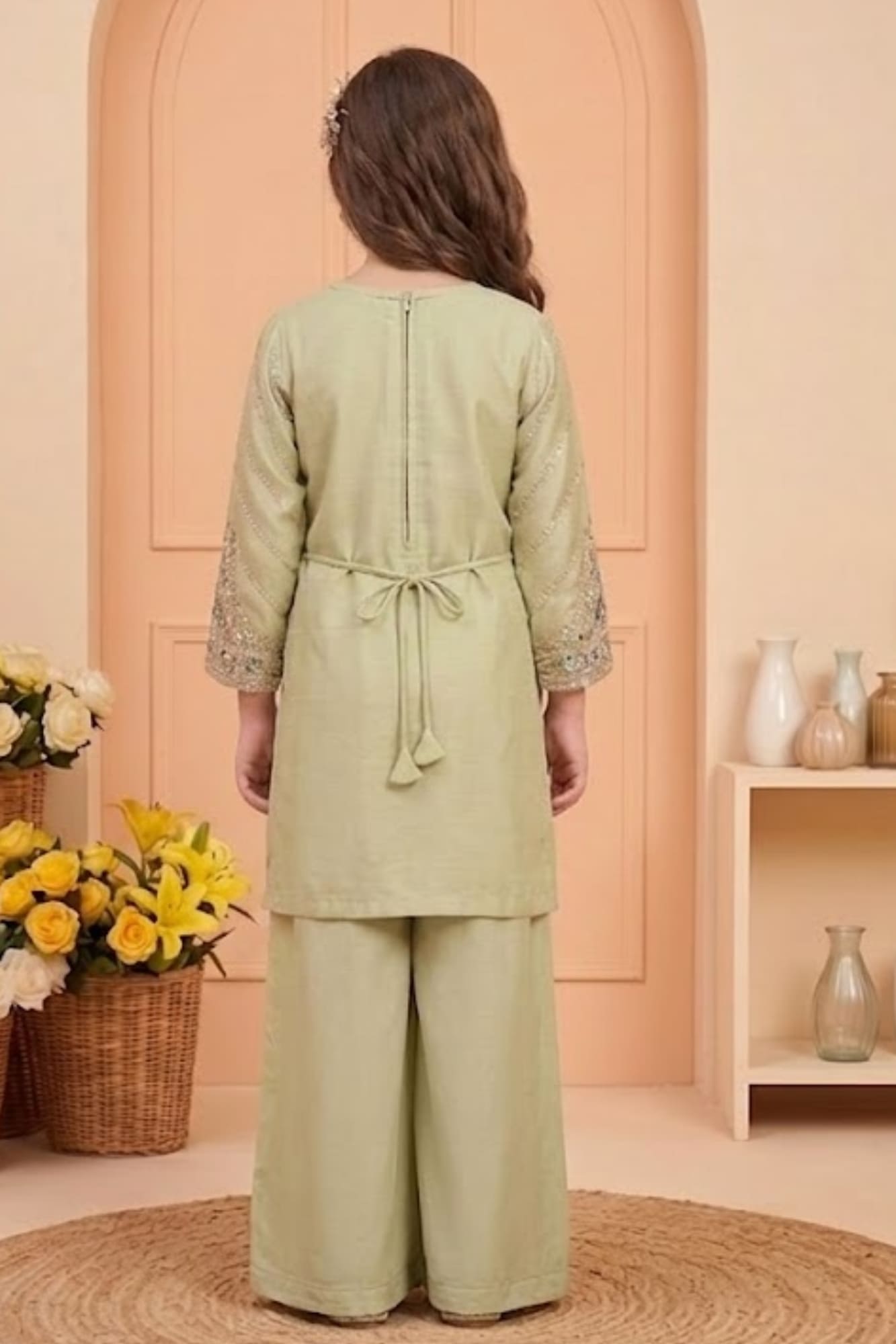 Pista Green Zari Embroidered Designer Wear Palazzo Set