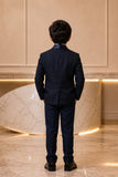 Navy Blue Textured 5 Piece Coat Suit Set with Satin Shawl Lapel and Bow Tie