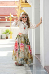 Cream Shirt With Floral Printed Skirt For Girls