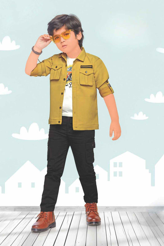 Mustard Overcoat With White Shirt And Pant Set For Boys