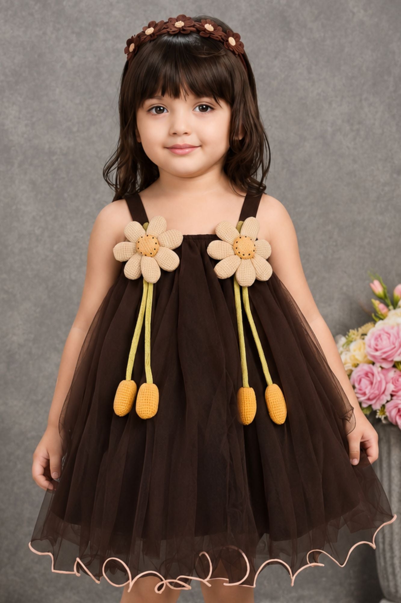Brown Frock With Playful 3D Floral Applique