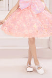Peach Sequin Bow Party Wear Frock With 3D Floral Embellishments For Girls