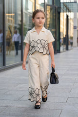 Girls Cream Floral Printed Co-Ord Set with Shirt Collar Top And  Pants