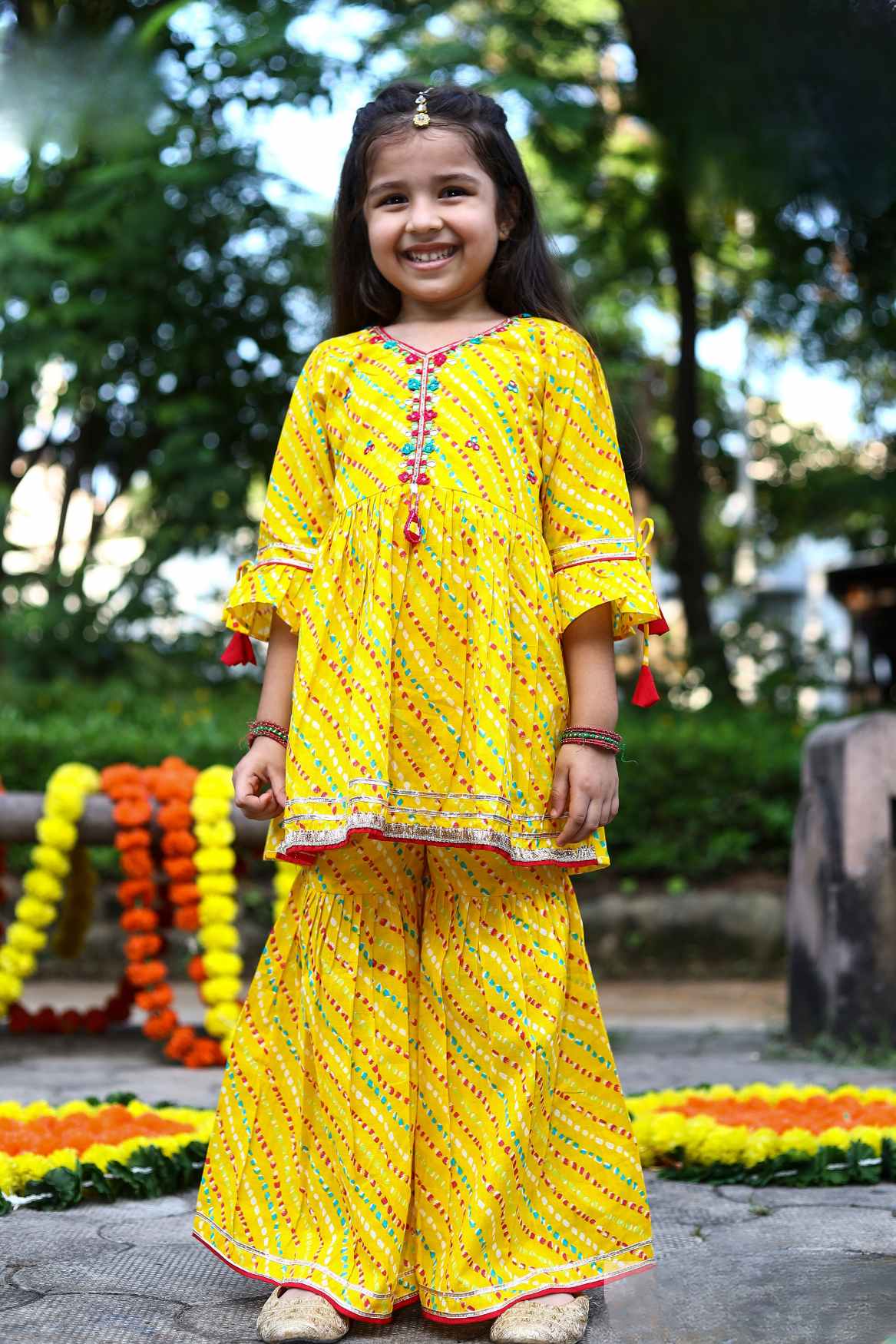 Yellow Bandhani Print And Mirror Work Sharara Set For Girls