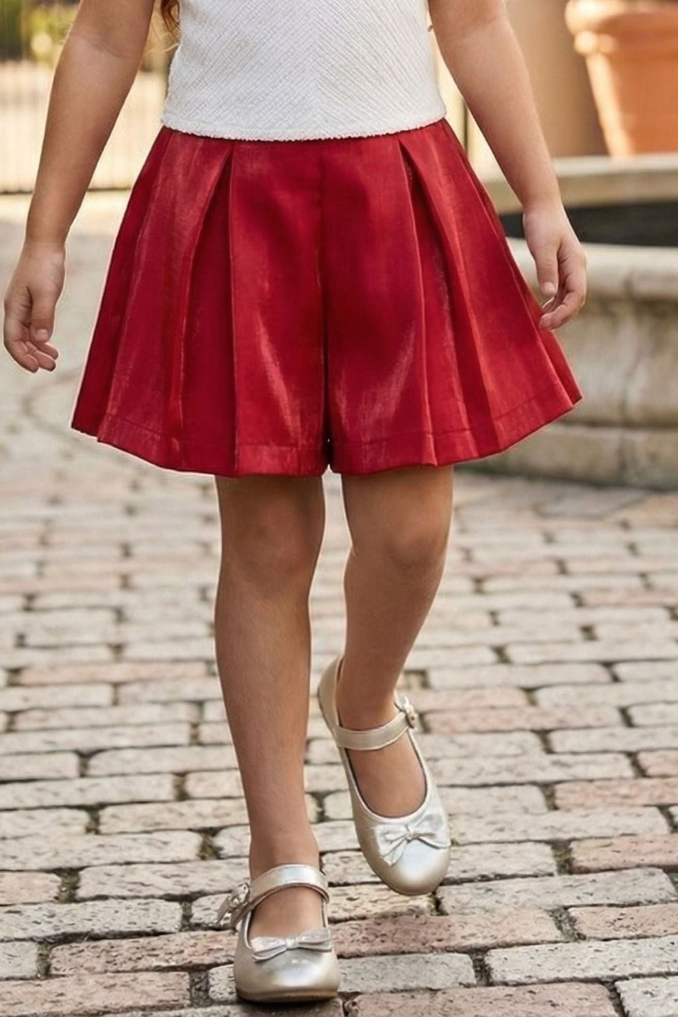 White Halter Top And Red Pleated Shorts Co-ord Set For Girls