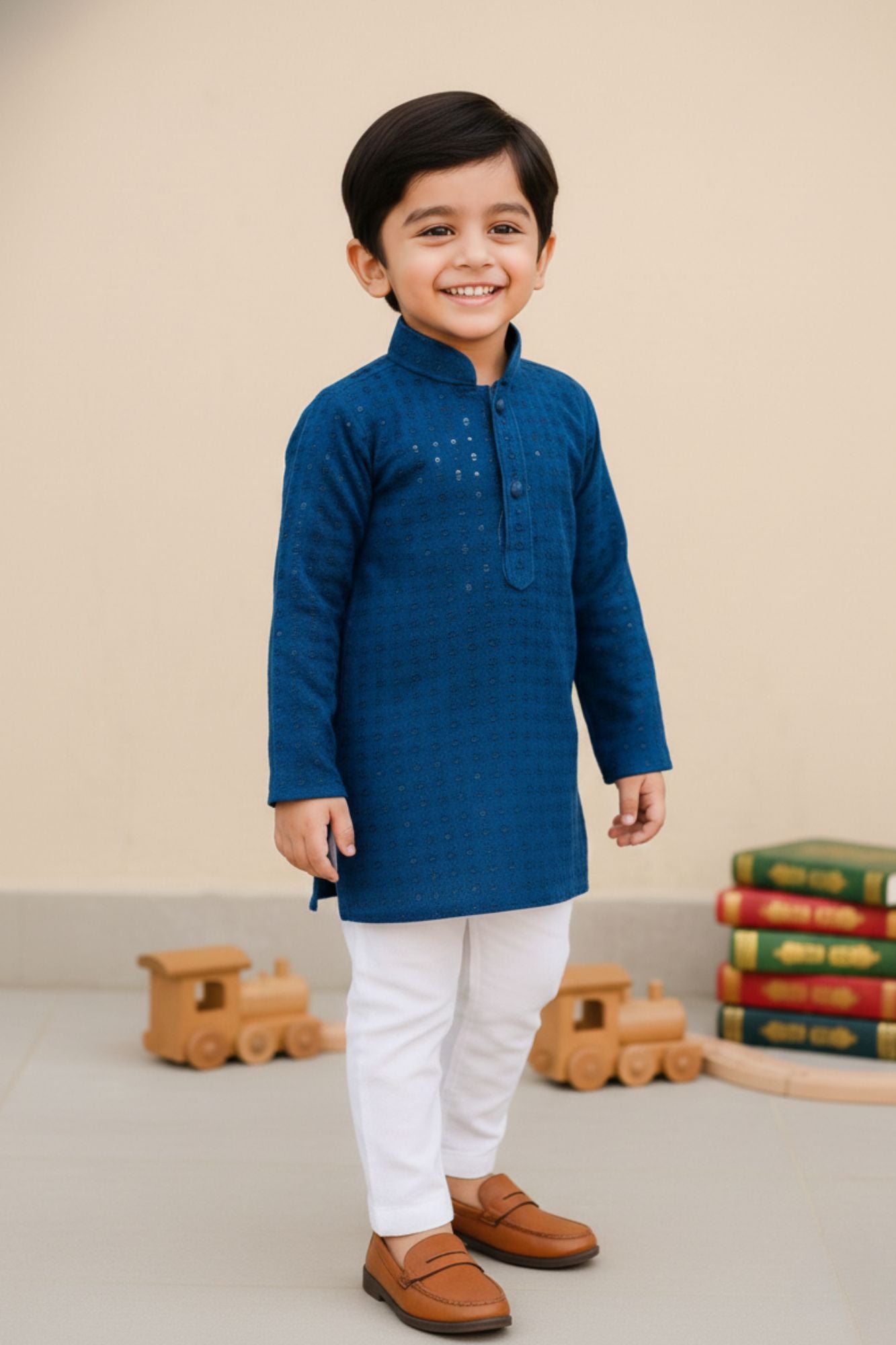 Blue Kurta Set with Sequins Embroidery For Boys