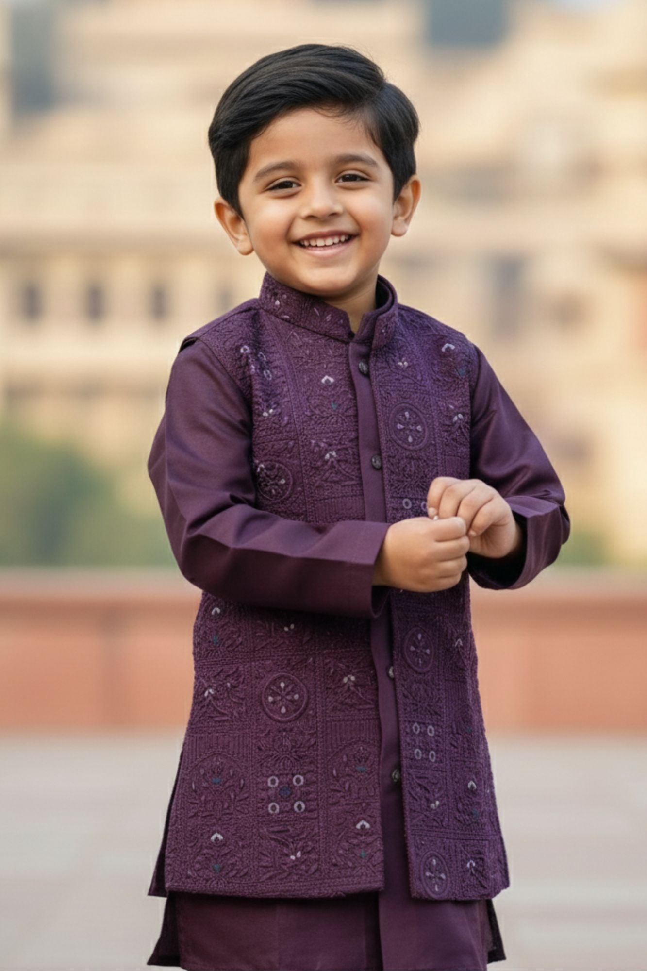 Wine Thread And Sequins Embroidered Sherwani Set For Boys
