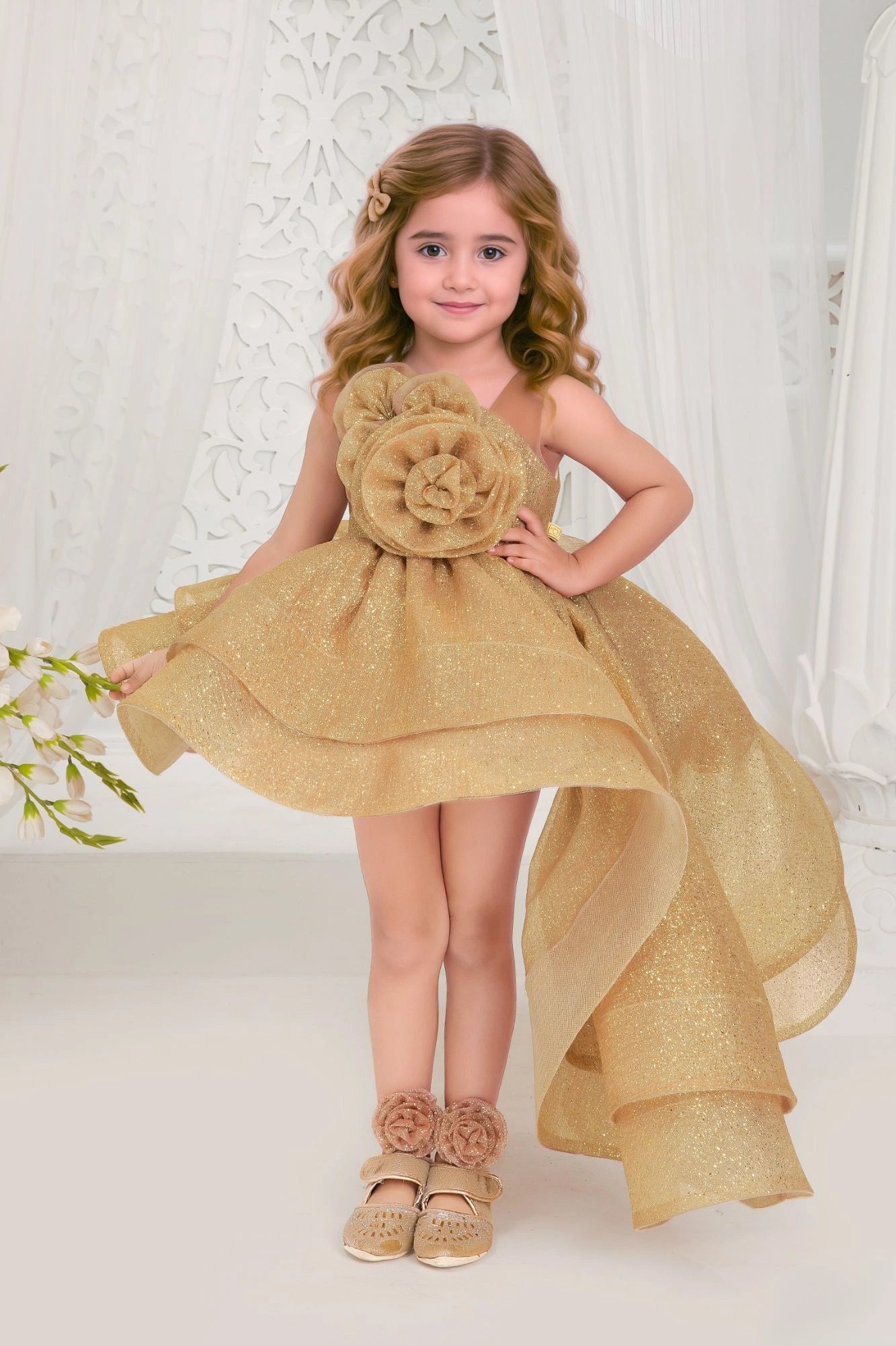 Golden High-Low Party Frock with Oversized Rosette For Girls