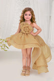 Golden High-Low Party Frock with Oversized Rosette For Girls