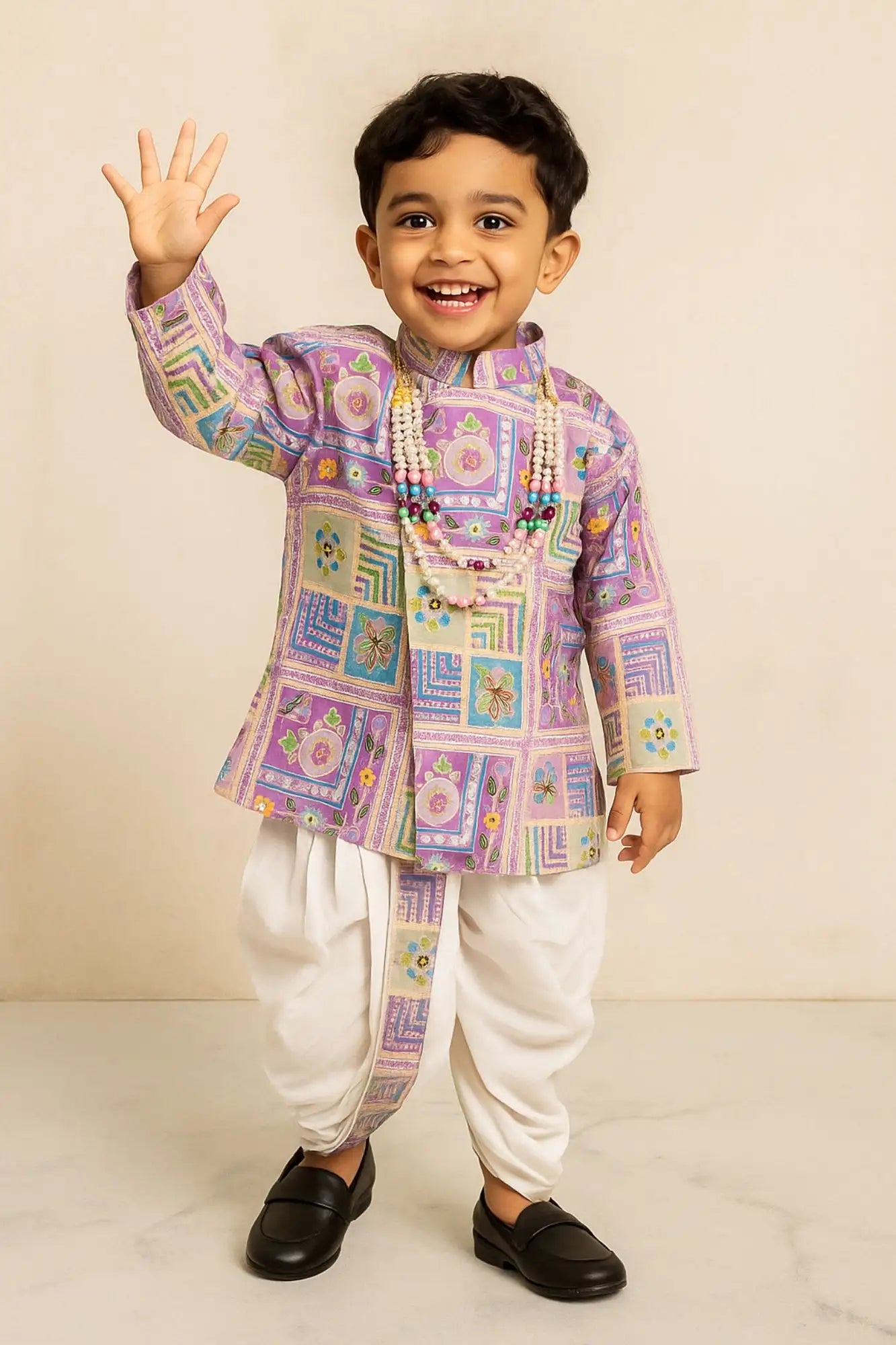 Lavender Patchwork-Style Kurta with Cream Dhoti Set