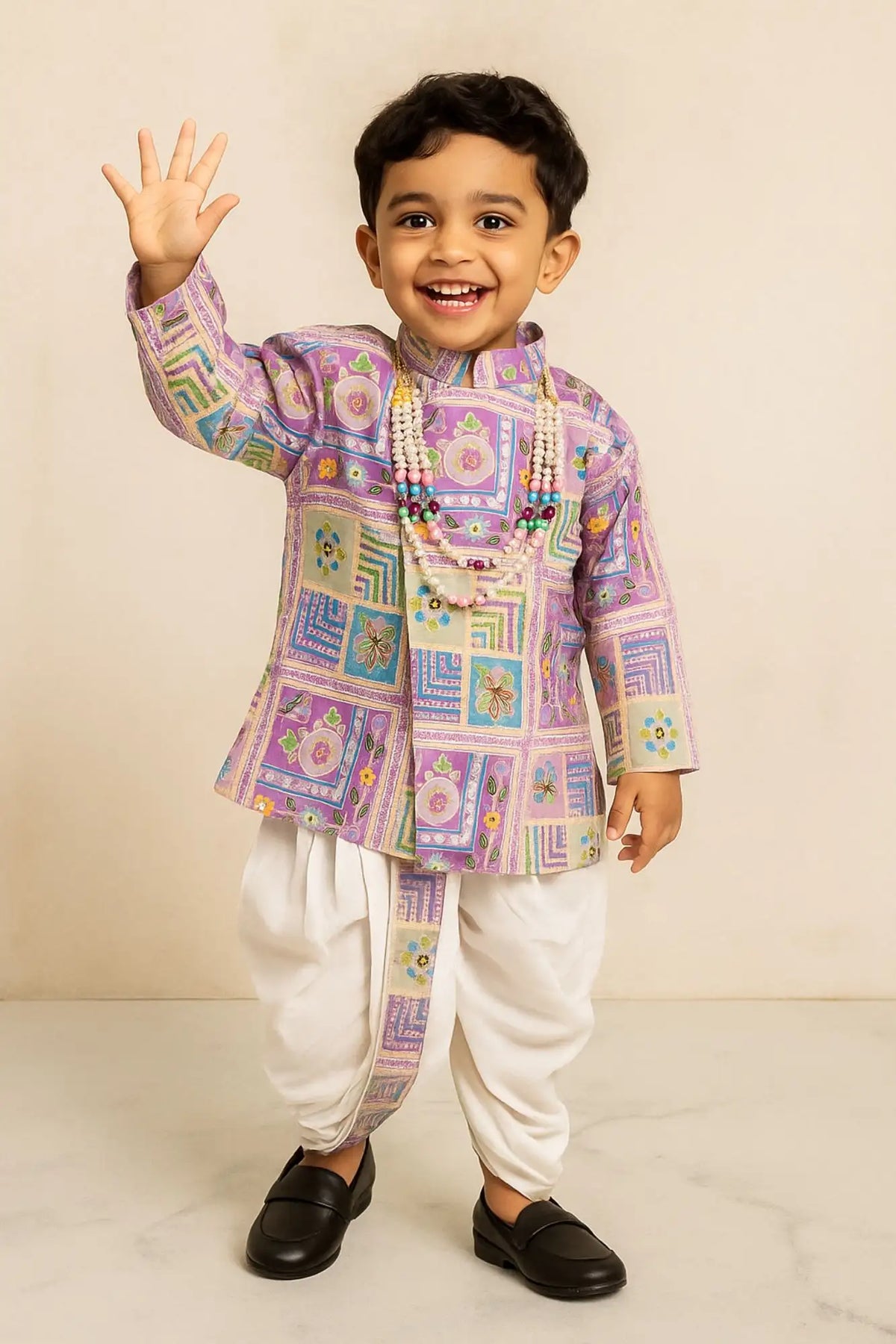 Lavender Patchwork-Style Kurta with Cream Dhoti Set