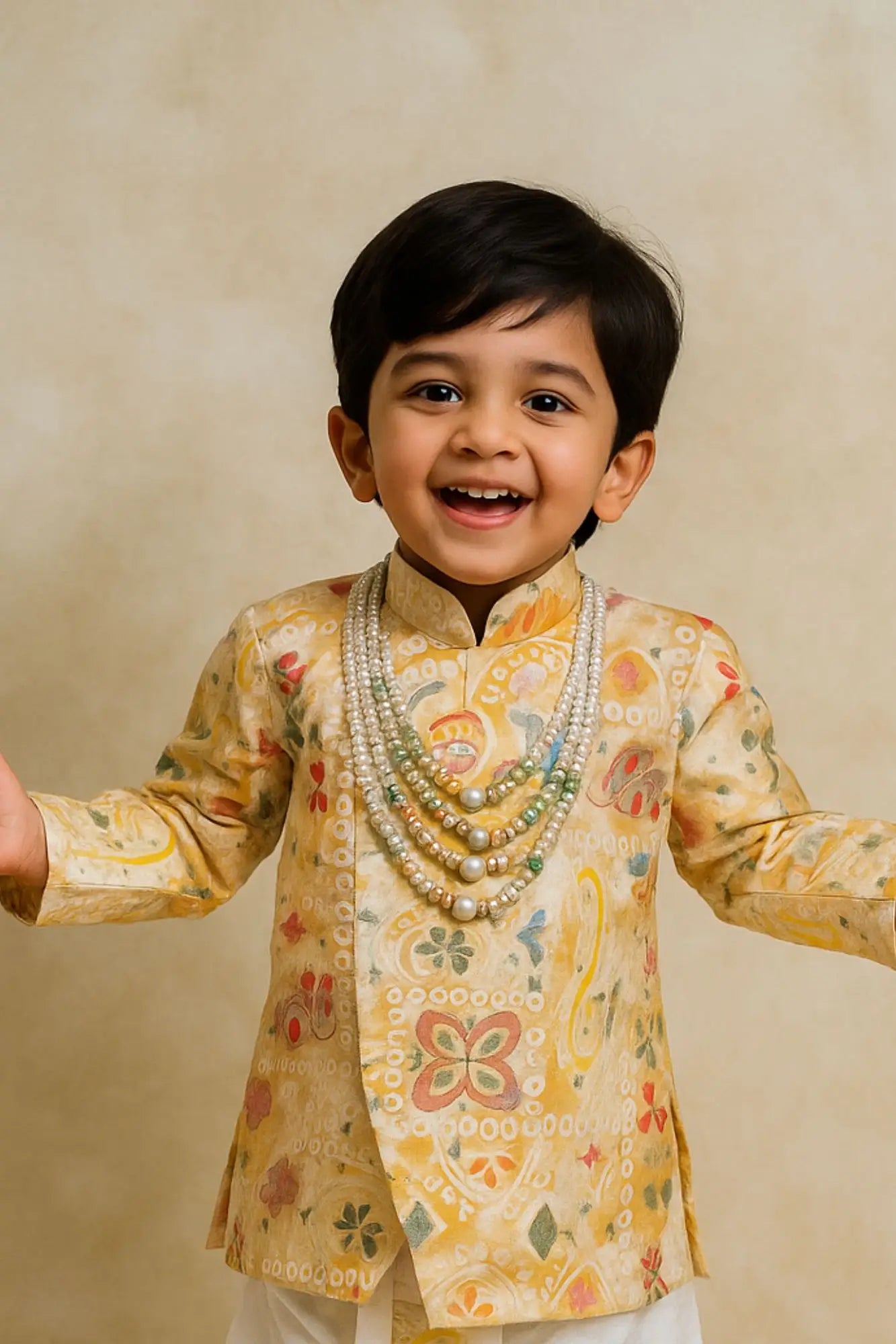 Yellow Patchwork-Style Kurta with Cream Dhoti Set