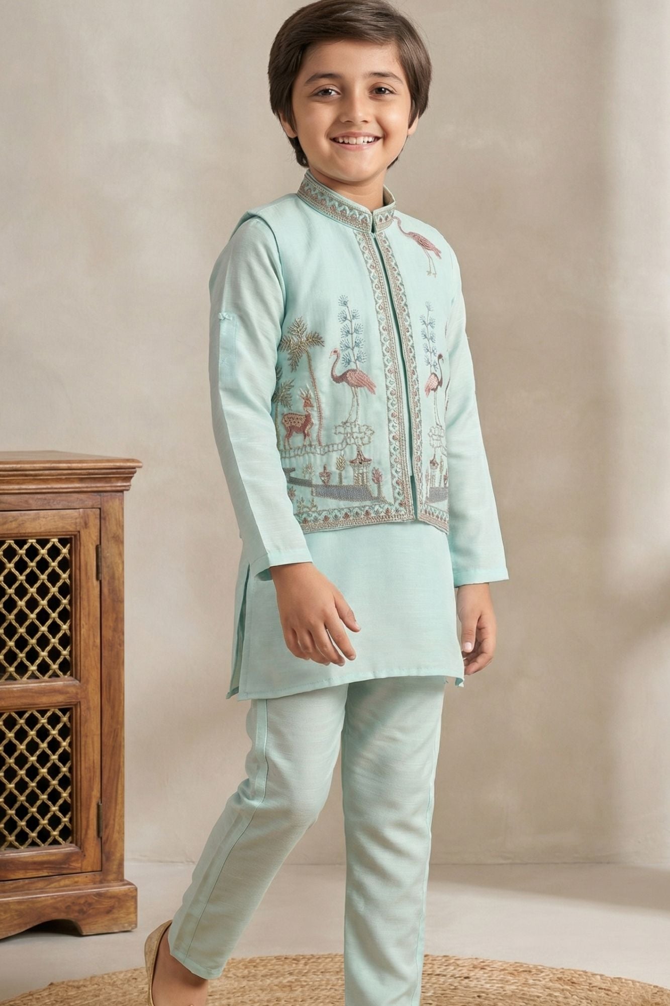 Firozi Embroidered Kurta Set with Nehru Jacket For Boys