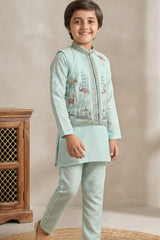 Firozi Embroidered Kurta Set with Nehru Jacket For Boys