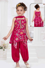 Rani Pink Printed, Embroidered And Sequined Kurta With Harem Bottom For Girls