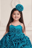 Teal 3D Rosette Appliqué Party Wear Frock For Girls