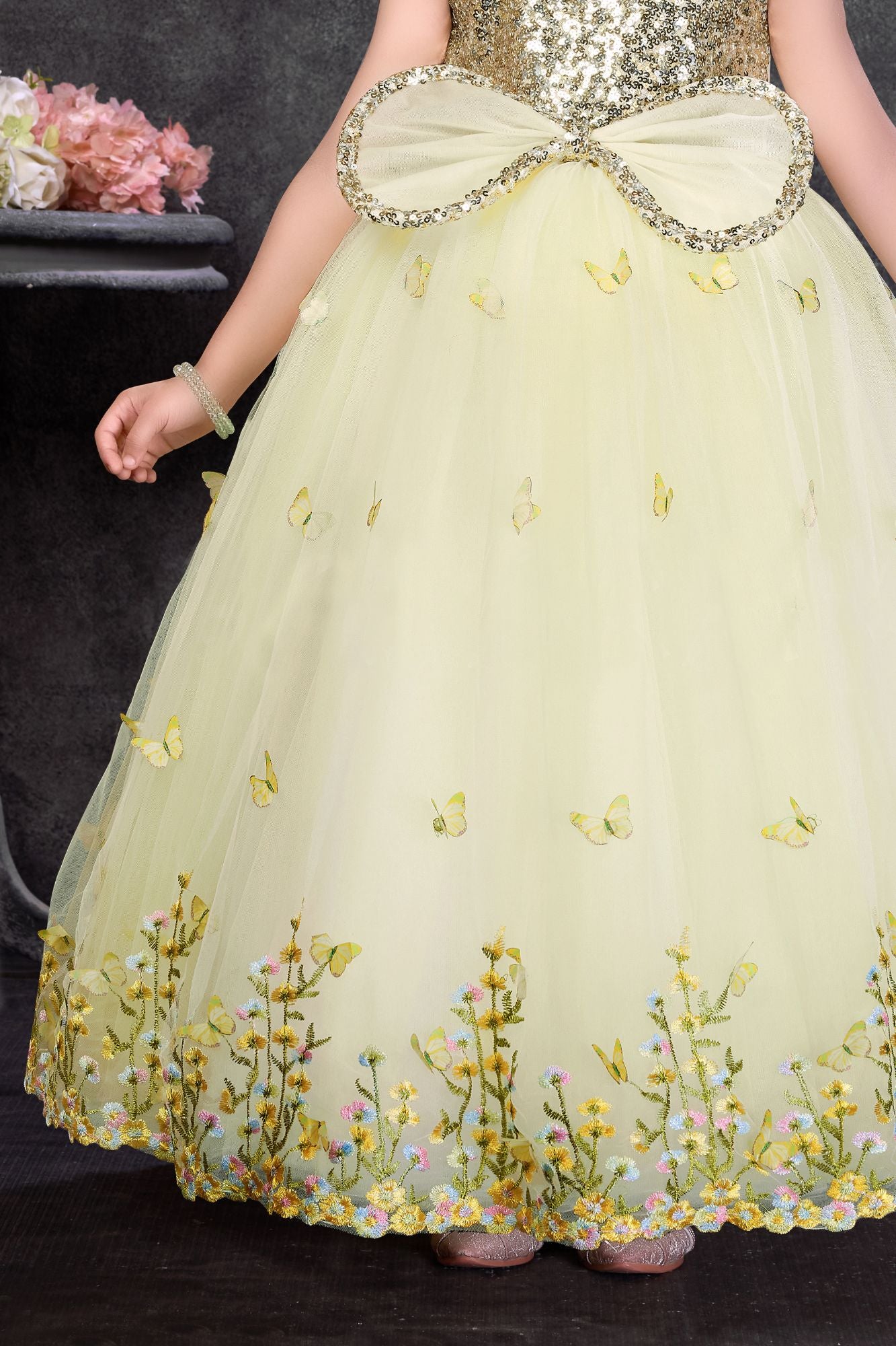 Yellow Butterfly Embroidered Party Wear Gown For Girls