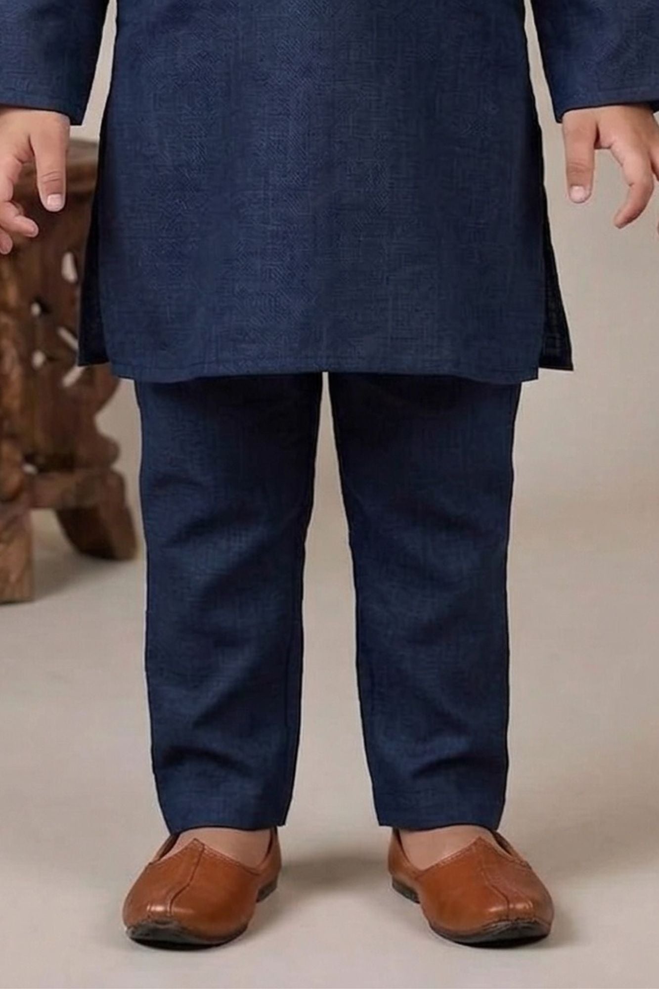 Navy Blue Embroidered Linen Kurta Set For Boys