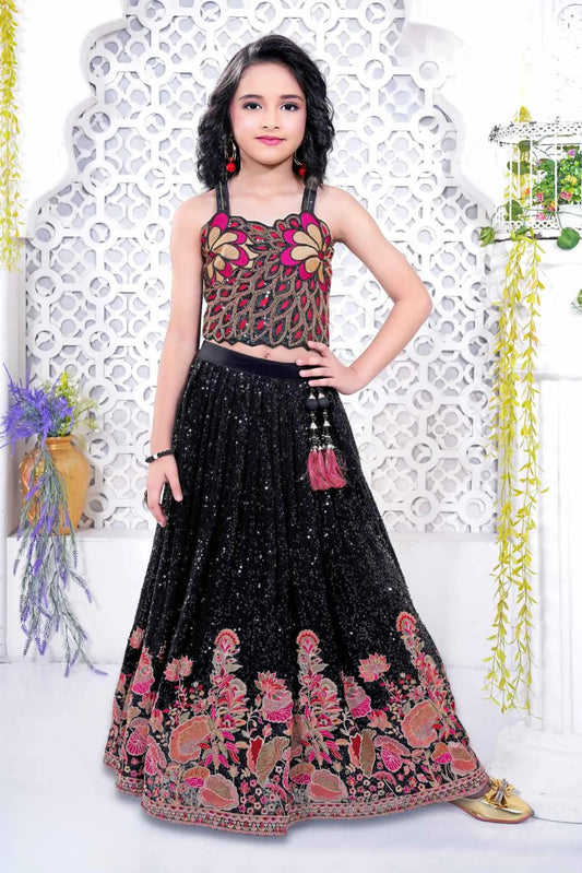 Black Sequin Embroidered Lehenga Choli with Floral Detailing For Girls