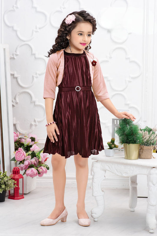 Wine Pleated Satin Dress With Overcoat For Girls