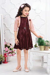 Wine Pleated Satin Dress With Overcoat For Girls