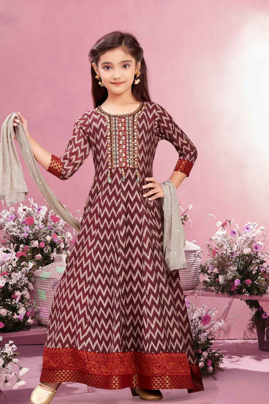 Wine Printed And Sequin Anarkali For Girls