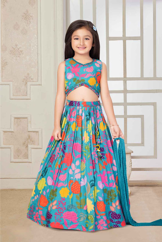 Blue Sleeveless And Mirror Work With Floral Printed Lehenga Choli Set For Girls