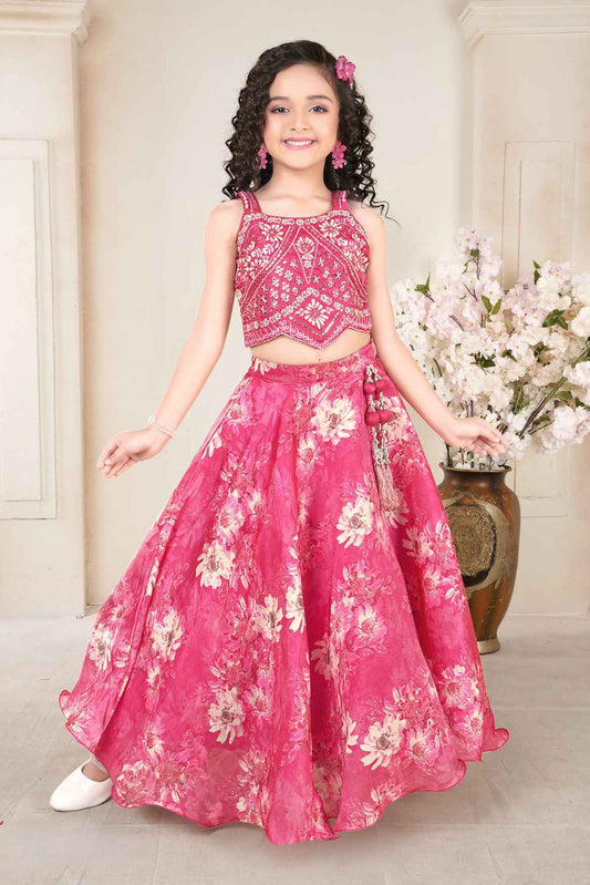 Rani Pink Embroidered Top With Floral Print Lehenga Choli Set For Girls