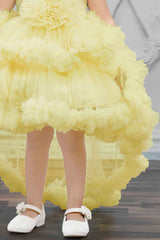 Lemon Yellow Tailback Frock With Floral Embellishment For Girls