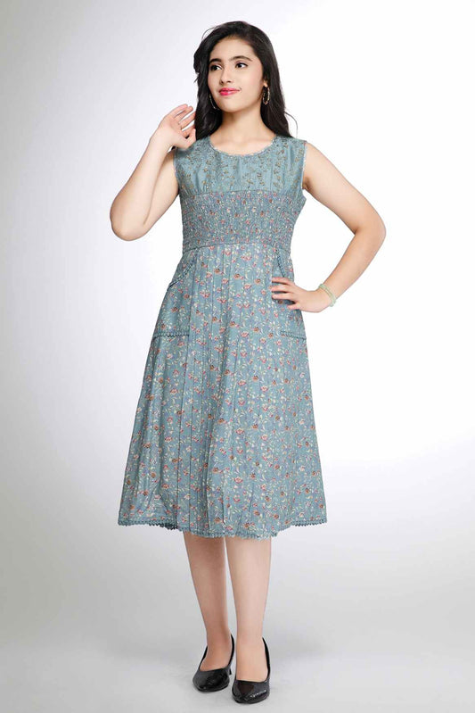 Blue Floral Printed Casual Wear Frock For Girls