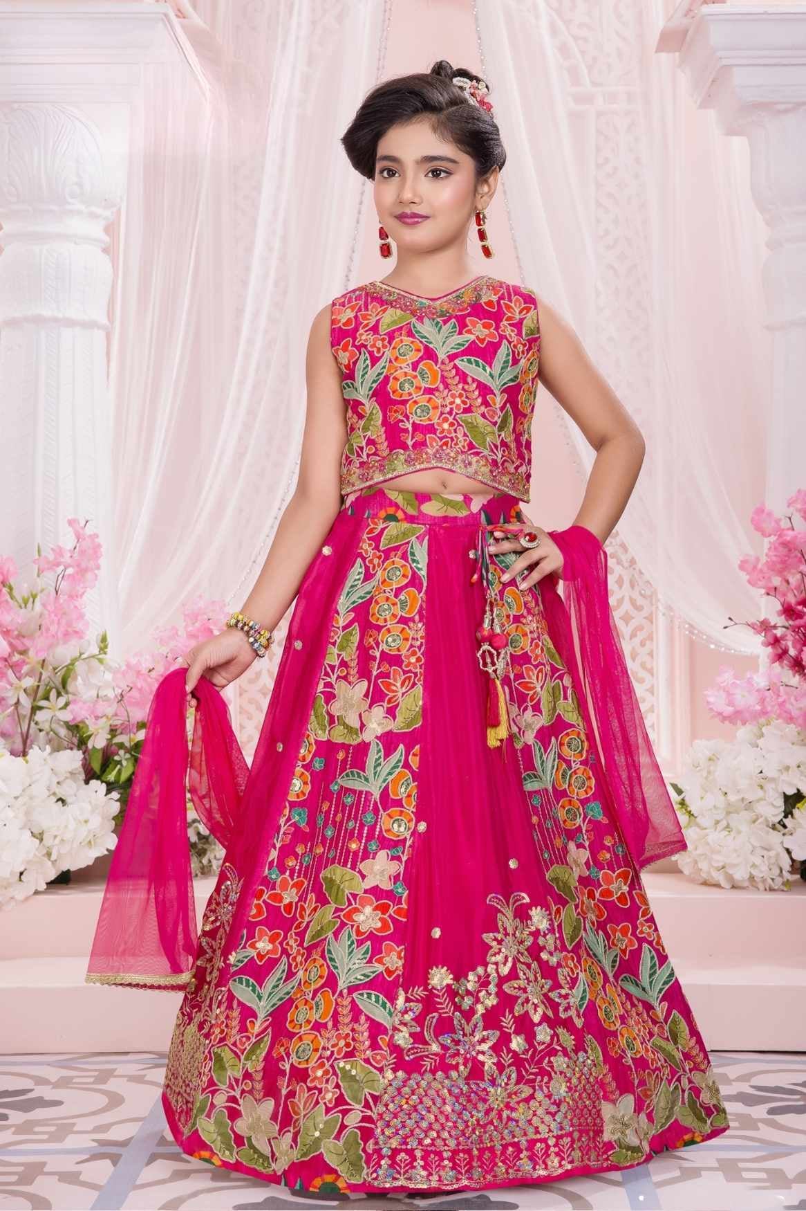 Rani Pink Floral Embroidered Lehenga Choli Set With Dupatta For Girls