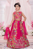 Rani Pink Floral Embroidered Lehenga Choli Set With Dupatta For Girls