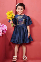 Stylish Blue Denim Casual Frock With Embroidery For Girls