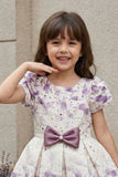 Cream With Lavender Floral Print Party Frock with Satin Bow Waist Accent For Girls