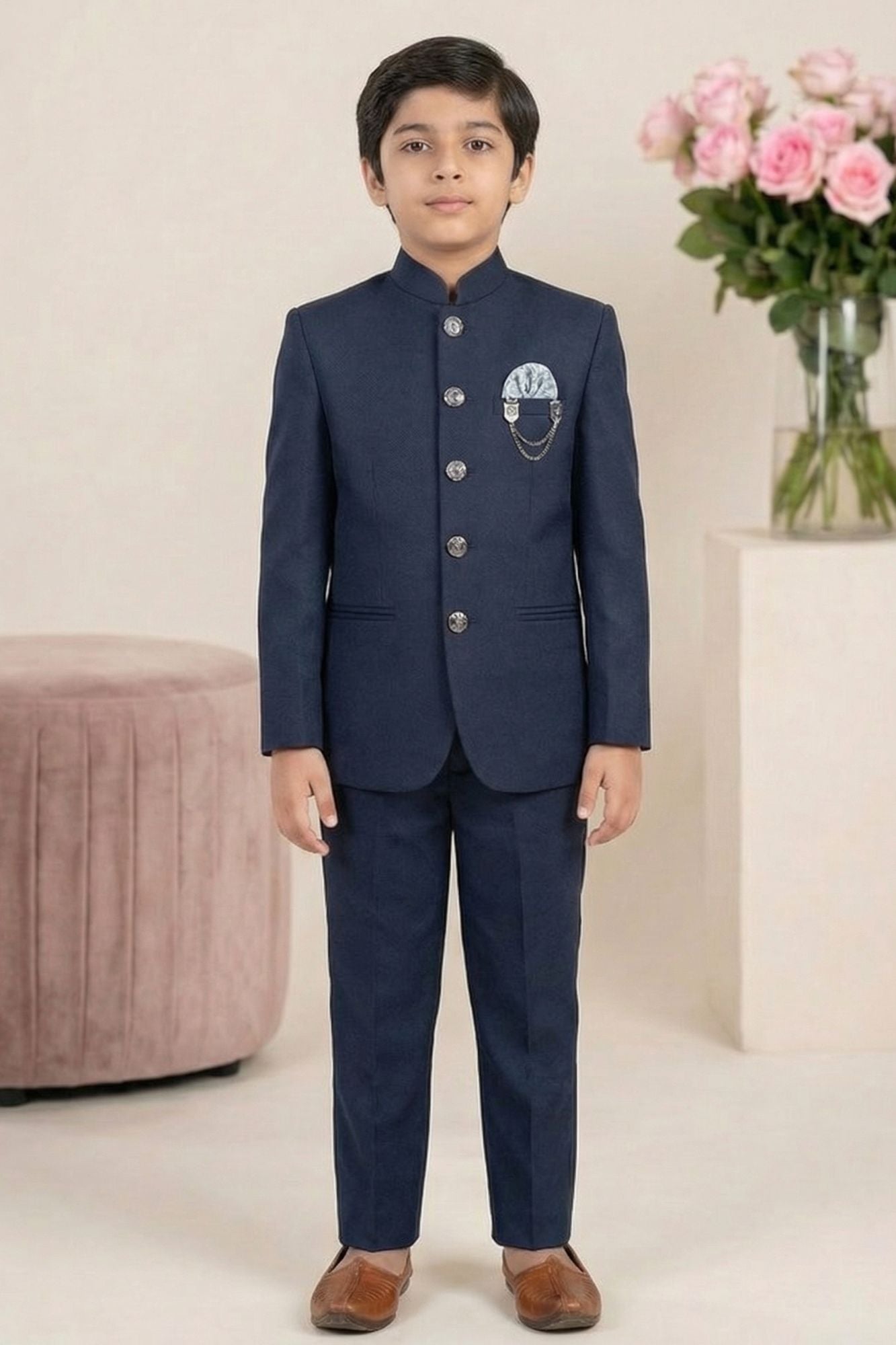Navy Blue Jodhpuri Suit with Chain Brooch And Pocket Square For Boys
