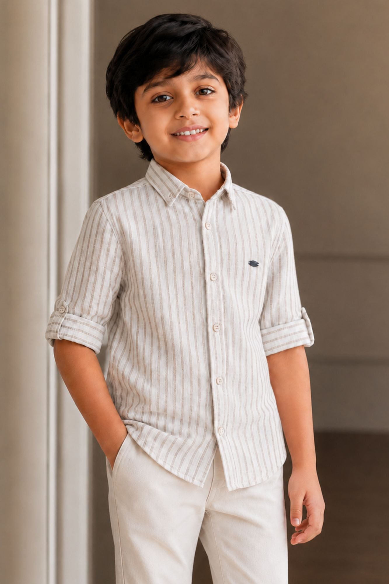 Boys Beige Striped Full Sleeve Casual Shirt
