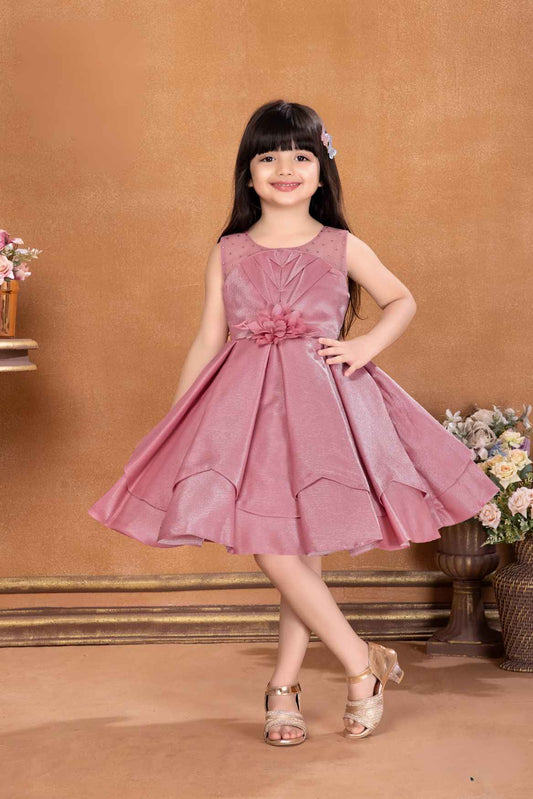 Onion Pink Frock With Floral Embellishment For Girls