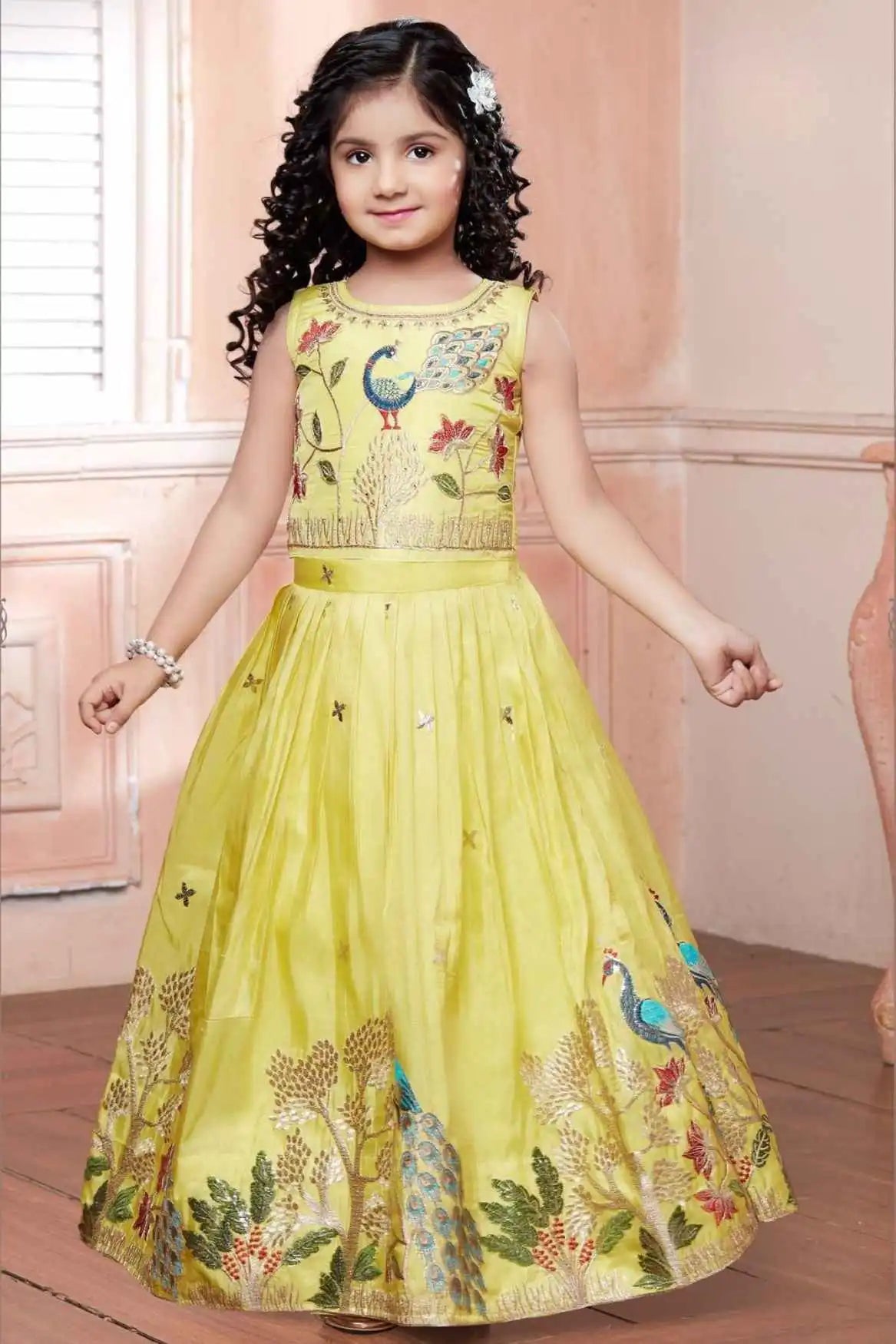 Yellow Sleeveless Choli And Lehenga Set With Peacock  Motifs Zari Embroidery For Girls