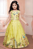 Yellow Sleeveless Choli And Lehenga Set With Peacock  Motifs Zari Embroidery For Girls