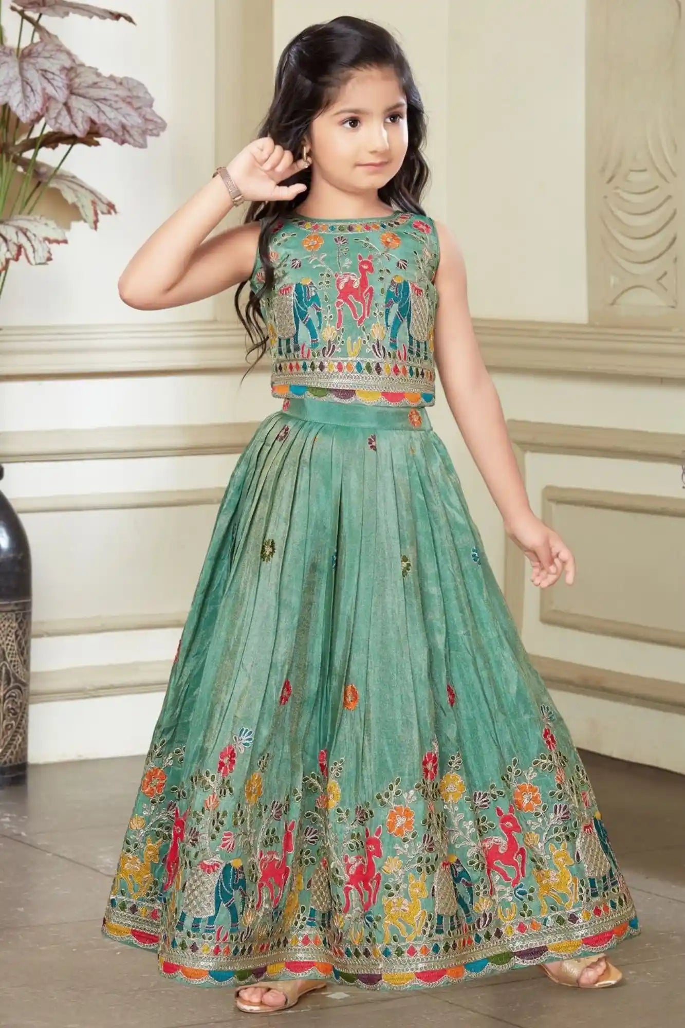 Green Folk Embroidered Lehenga Choli for Girls