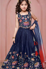 Navy Blue Sequins Embroidered And Thread Work Lehenga Choli Set For Girls