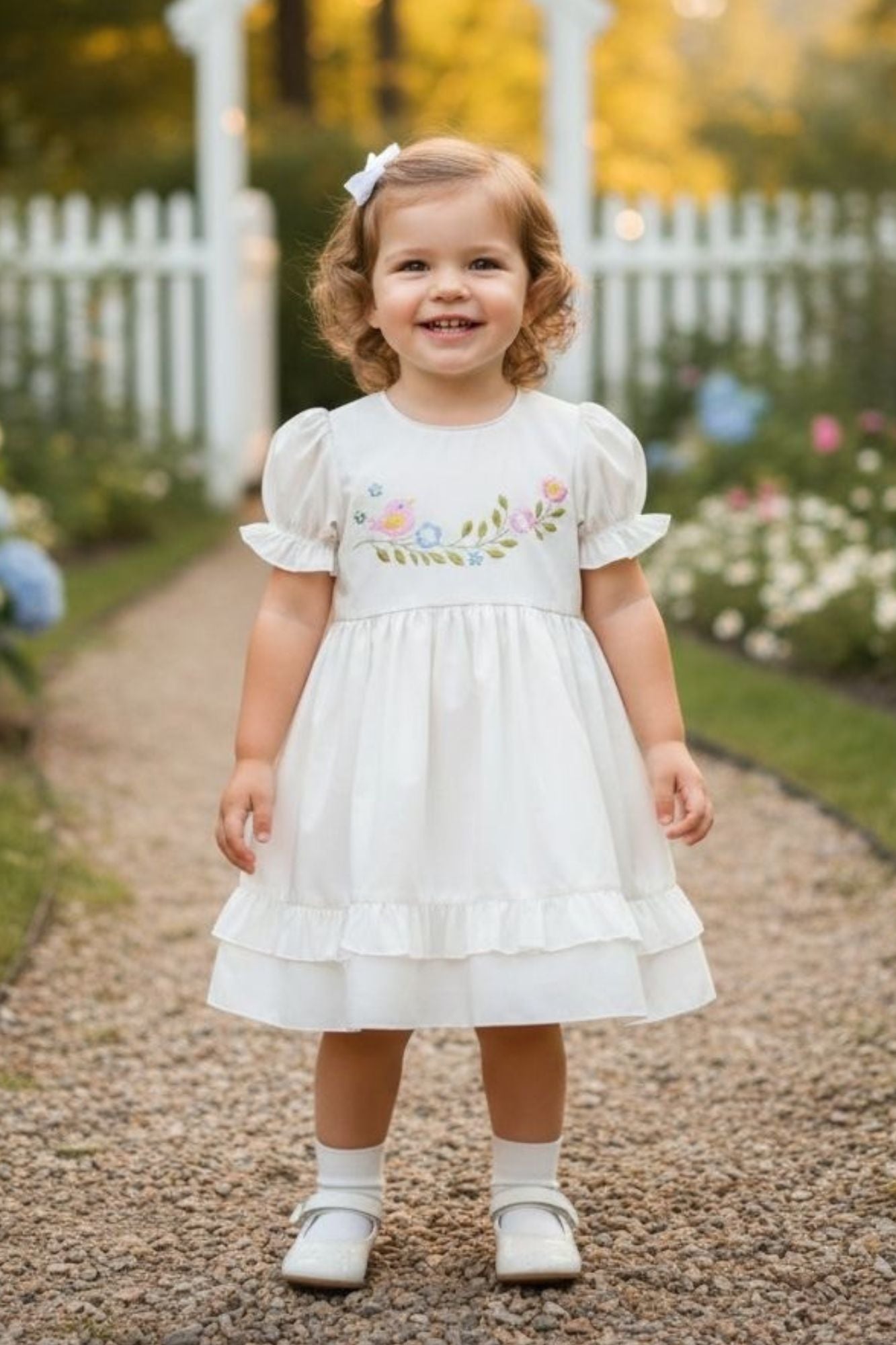 Girls White Floral Embroidered Fit And Flare Frock
