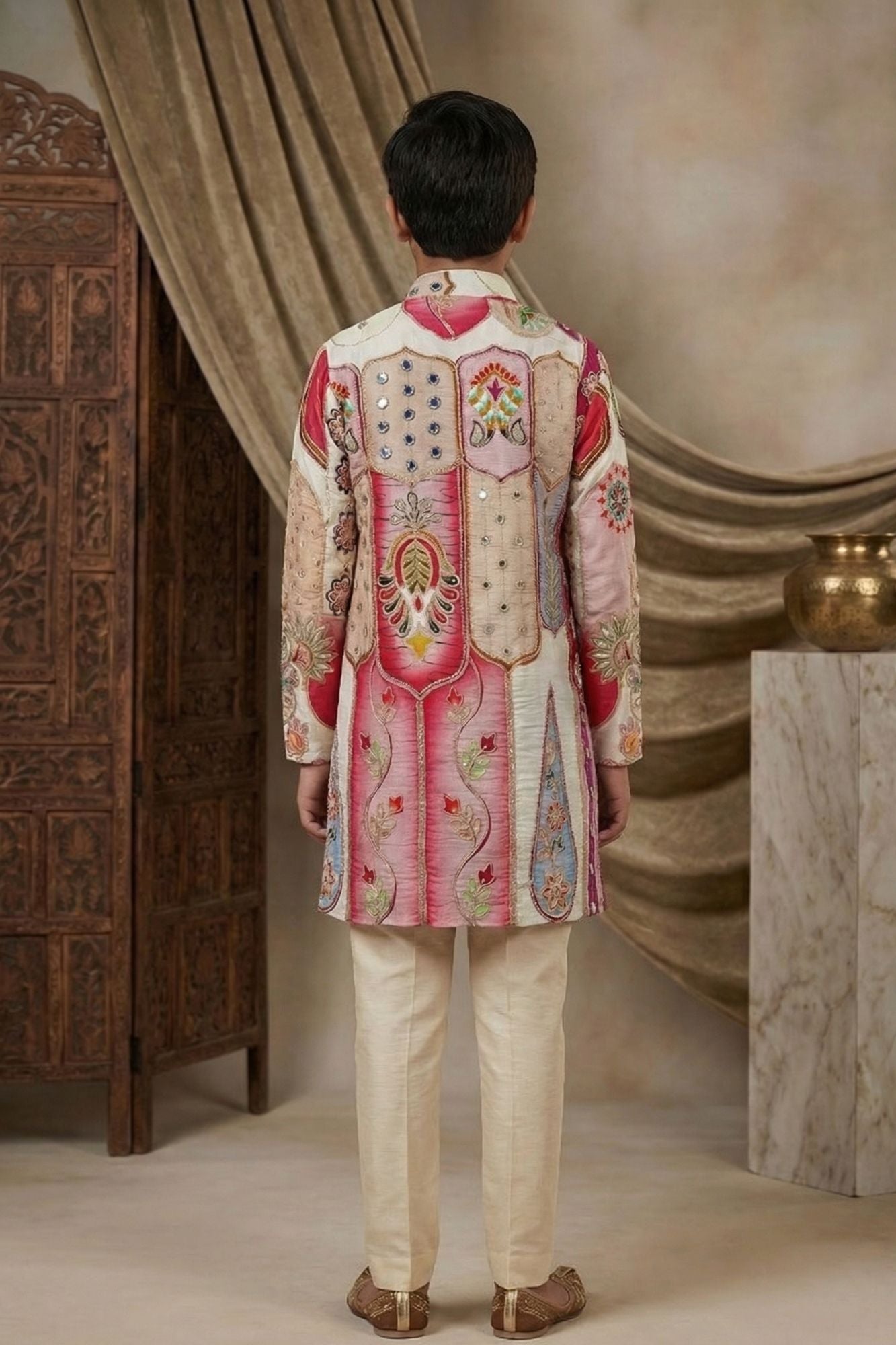 Ivory Mirror Embroidered Kurta Set With Pajama For Boys