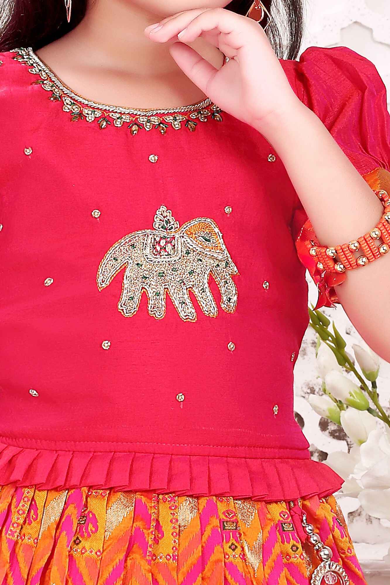 Pink And Orange Embroidered Pattu Pavadai with Elephant Motif For Girls