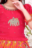 Pink And Orange Embroidered Pattu Pavadai with Elephant Motif For Girls