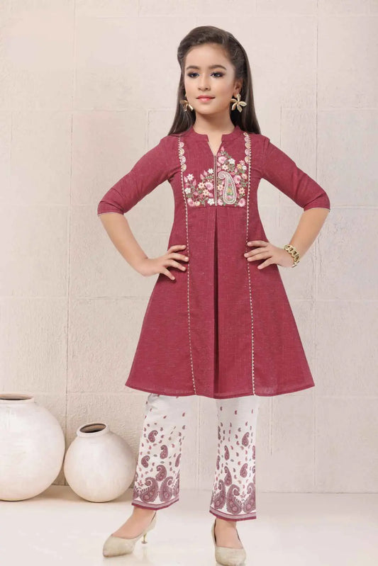 Maroon Kurta Set with Embroidered Yoke & White Printed Pants For Girls