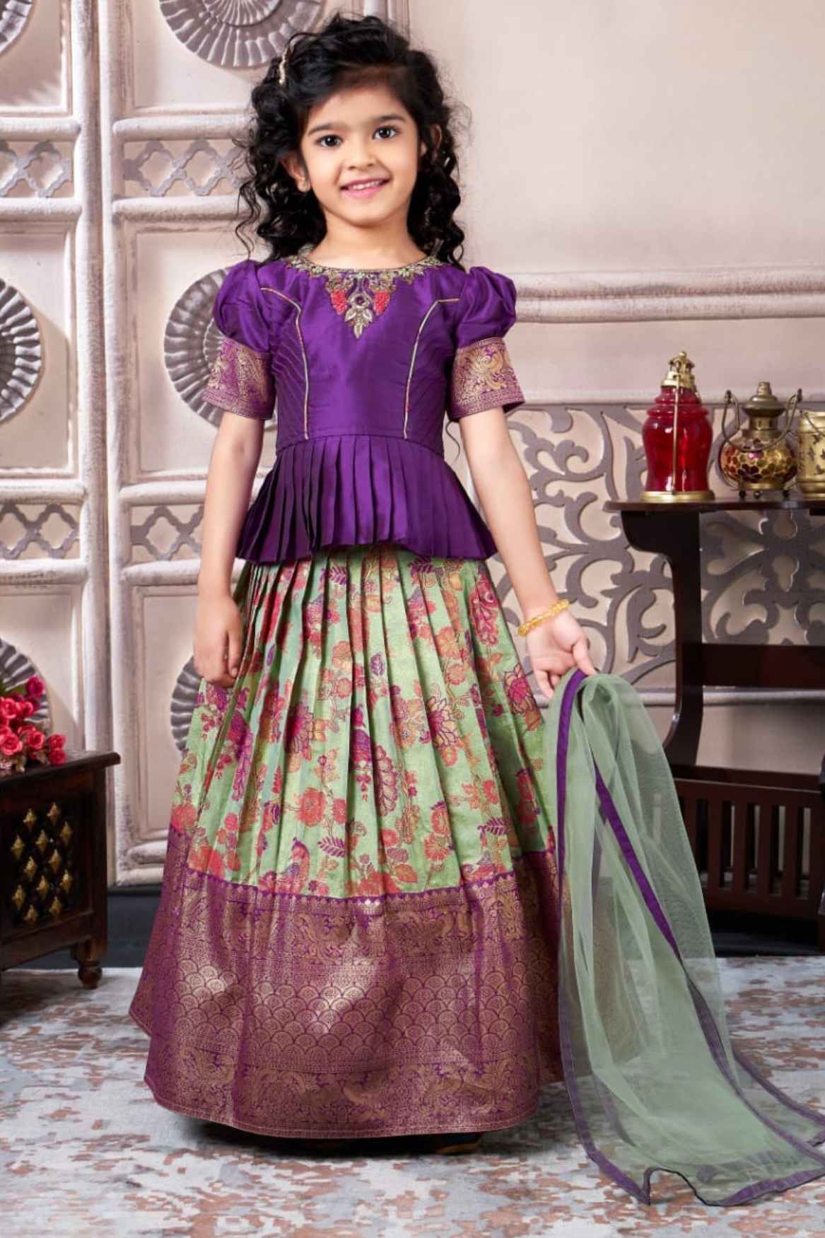 Purple And Mint Green Brocade Pattu Pavadai Set For Girls