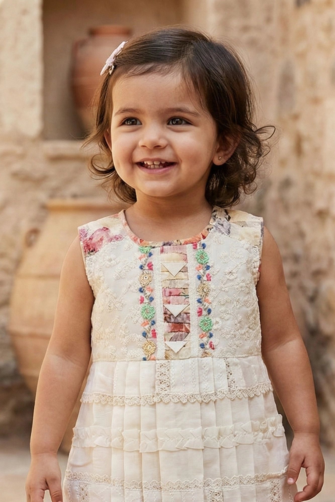 Cream Pleated Lace & Patch Floral Frock for Girls