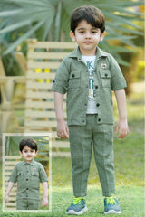 Green Overcoat With White T shirt And Pant Set For Boys