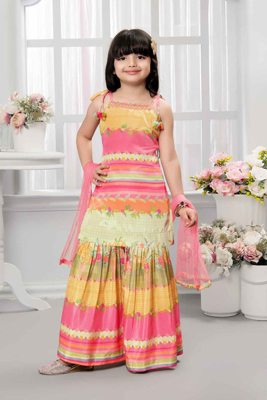 Multicolor Printed And Mirror Work Sharara Set For Girls